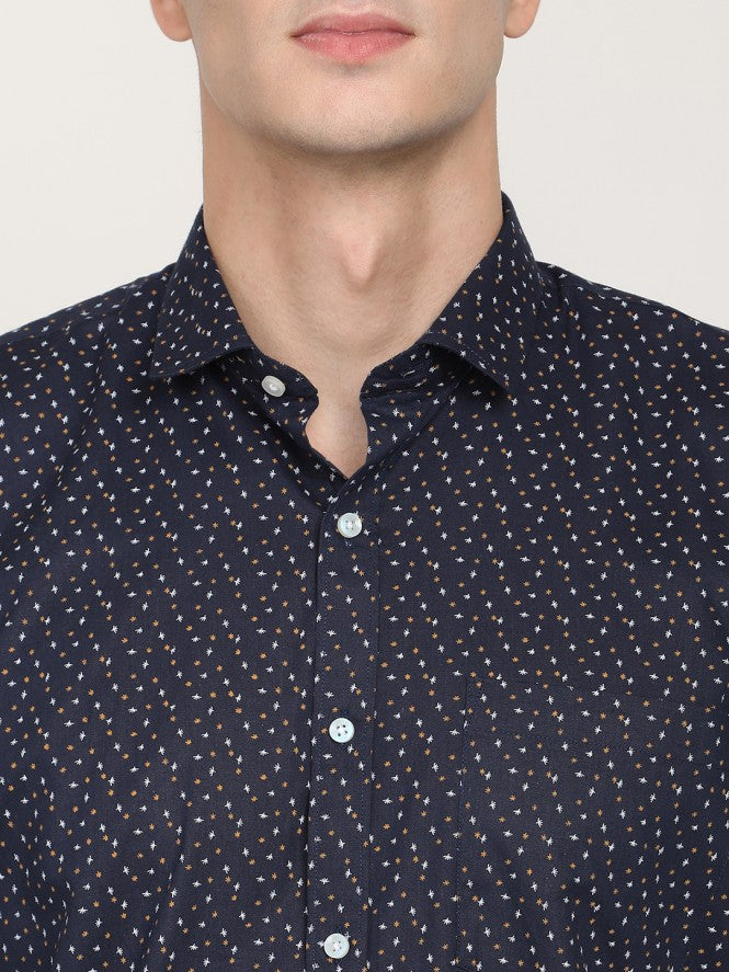 Men Full Sleeves Printed Formal Shirt (Navy Blue)