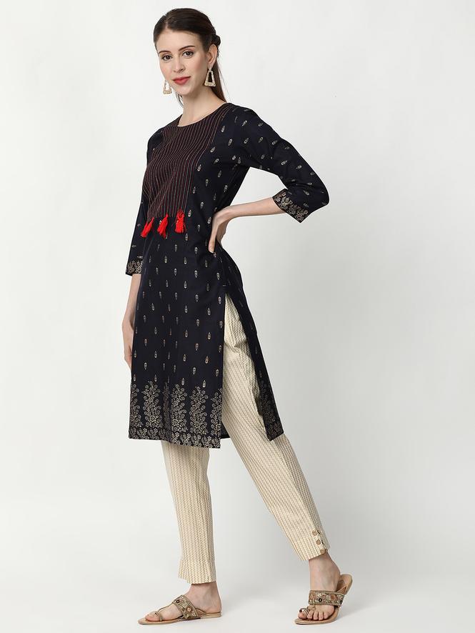 Women Full Sleeves Printed Kurti (Navy Blue)