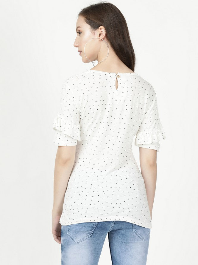 Women Hosiery Half Sleeves Printed Top (White)