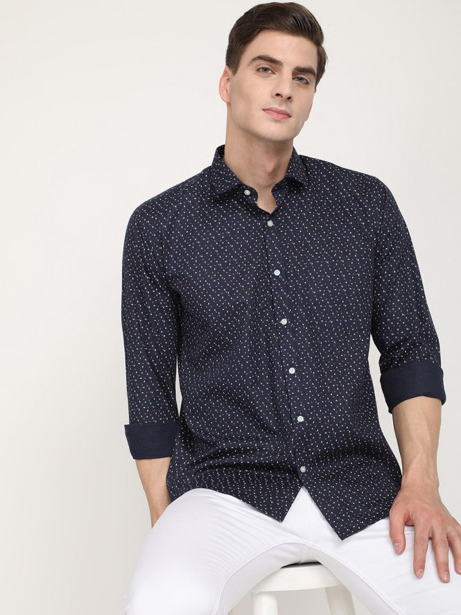 Men Full Sleeves Printed Formal Shirt (Navy Blue)