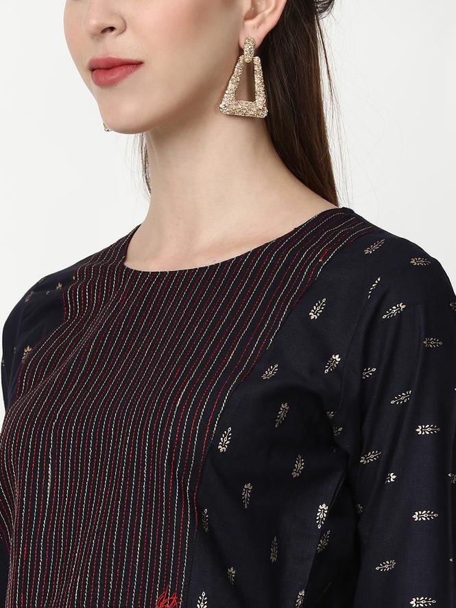 Women Full Sleeves Printed Kurti (Navy Blue)