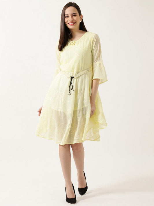 Women Half Sleeve Mid Frock (Yellow)