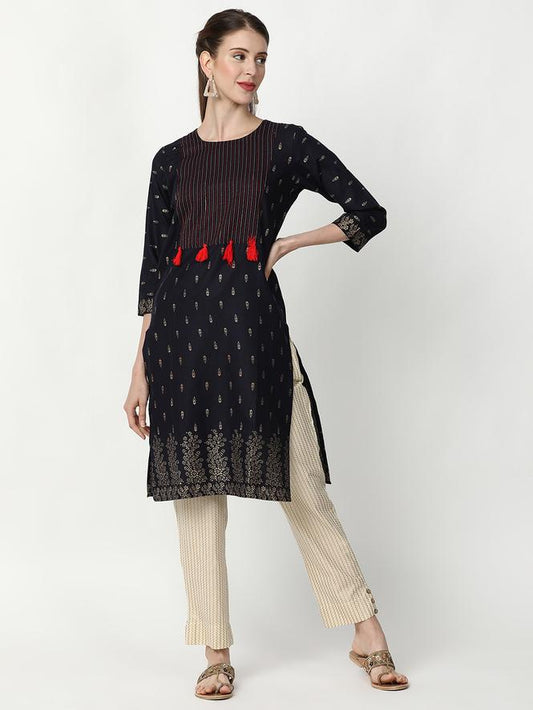 Women Full Sleeves Printed Kurti (Navy Blue)