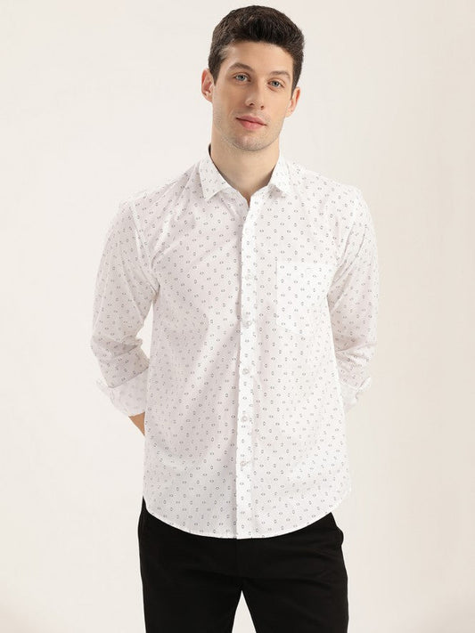 Men Full Sleeves Printed Semi Formal Shirt (White)