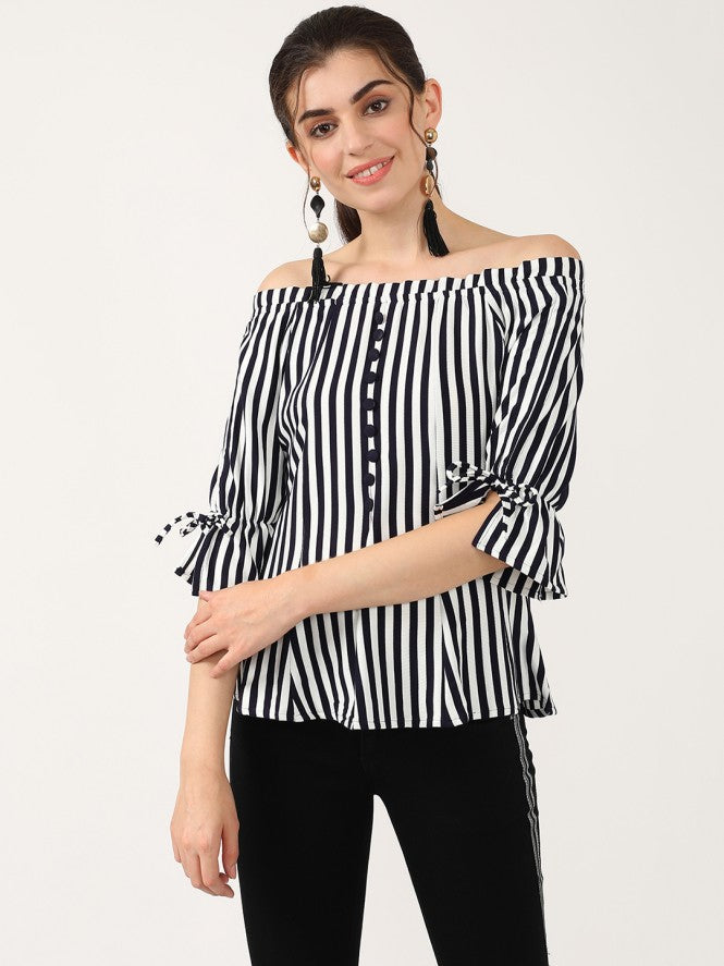 Women Half Sleeves Printed Top (Navy Blue)