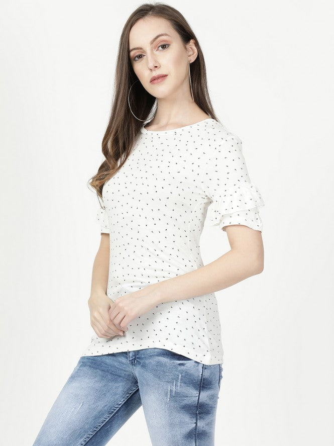 Women Hosiery Half Sleeves Printed Top (White)