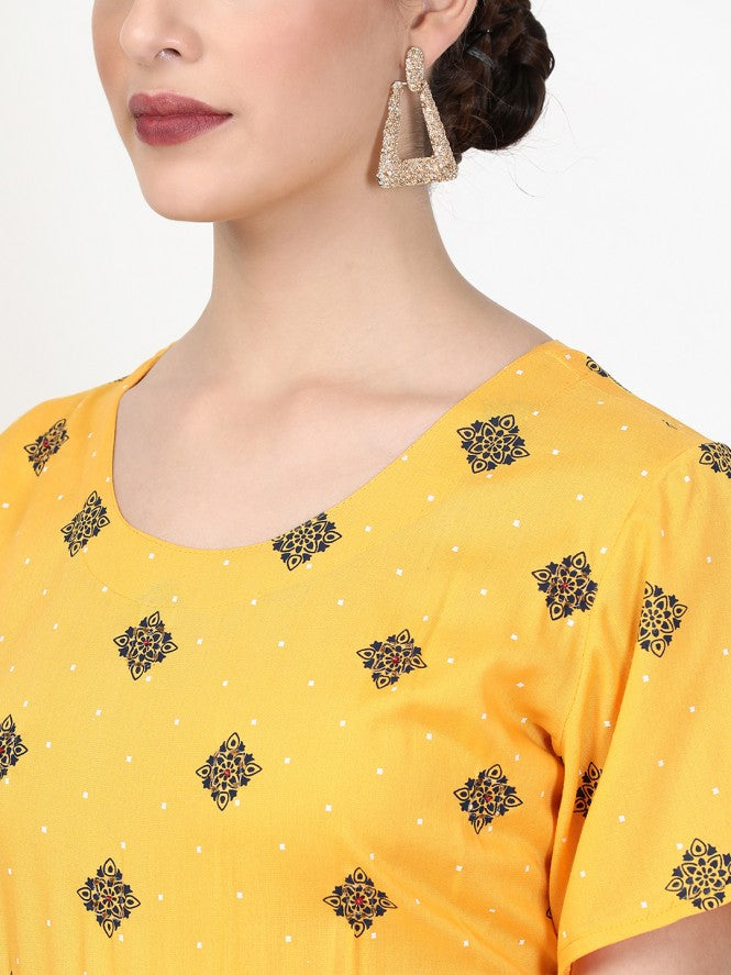 Women Rayon Printed Kurti (Mustard)