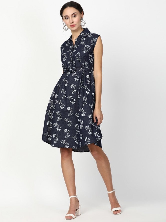 Women Half Sleeve Mid Frock (Blue)