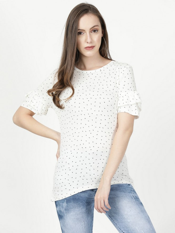 Women Hosiery Half Sleeves Printed Top (White)