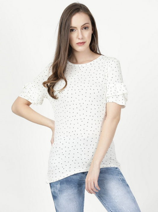 Women Hosiery Half Sleeves Printed Top (White)