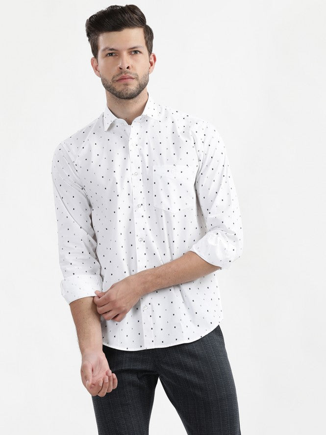 Men Full Sleeves Printed Semi Formal Shirt (White)
