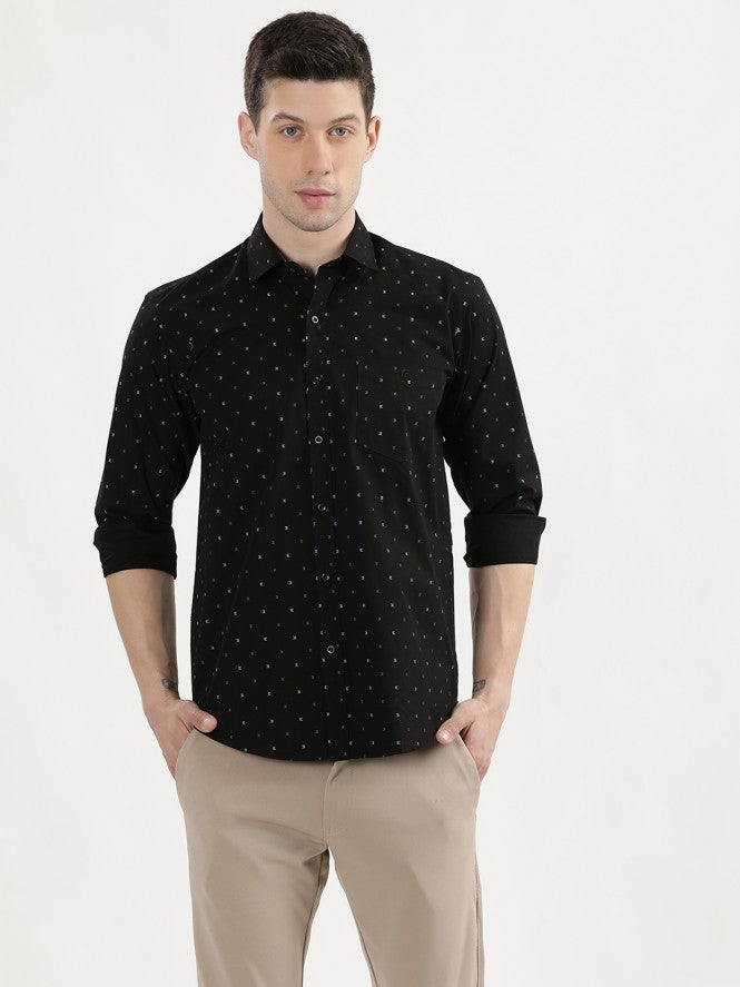 Men Full Sleeves Printed Semi Formal Shirt (White)