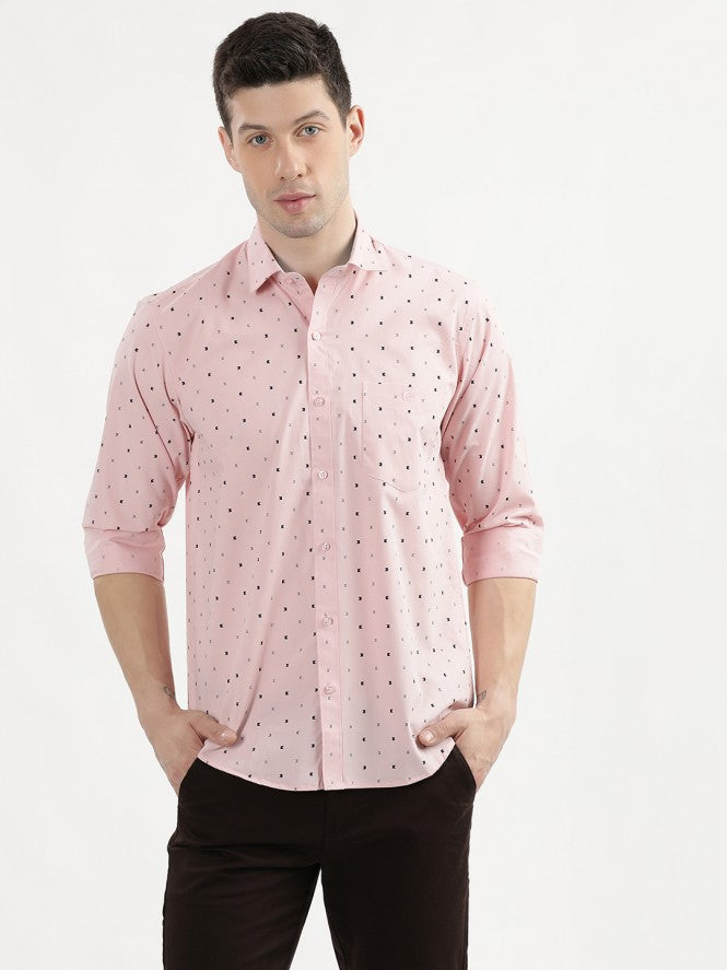Men Full Sleeves Printed Semi Formal Shirt (White)