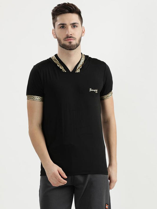 Men Half Sleeves Hooded T-Shirt (Black)