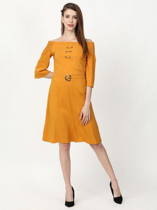 Women Textile Half Sleeve Mid Frock (Mustard)